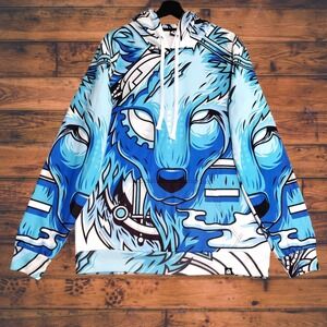 Into The AM Cyber Wolf Hoodie Mens Large Vibrant Graphic Pullover Drawstring